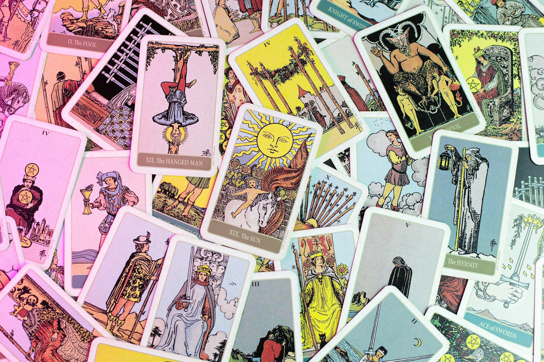 Rider-Waite-Smith's tarot deck spread out.