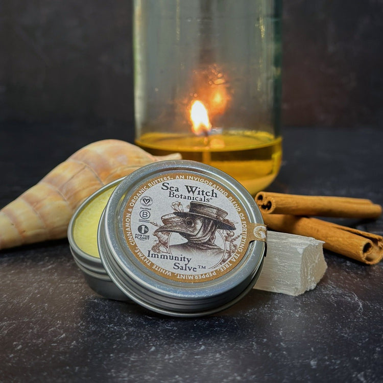 Immunity Salve from Sea Witch Botanicals. Inspired by plague doctors of the black plague. Pictured on a dark background with a shell, crystal, cinnamon sticks, and burning candle.