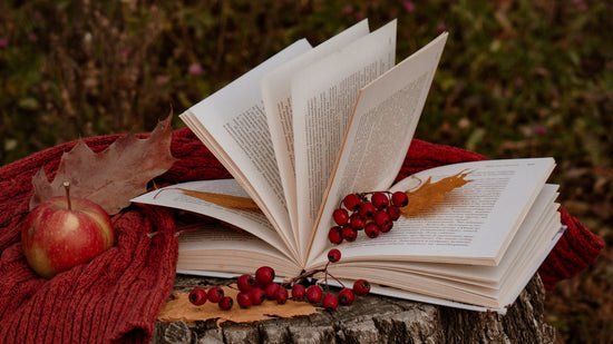 On a stump, the pages of an open book flutter in a breeze, adorned by fall berries and fallen leaves. Beside the book, a red knit material, and an apple.
