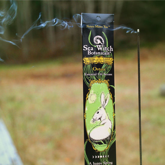 A stick of Ostara Incense burning in a field beside its packaging
