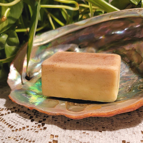 The Demeter Massage and Lotion Bar out of its package, sitting on an abalone shell